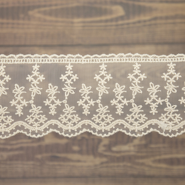 Кружево-вышивка на тюле, 70 мм, цвет бежевый, 100% полиэстер, 4,5 м. Арт T-3013.371