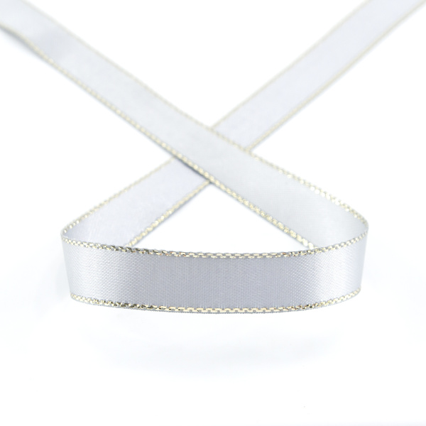 Лента атласная SAFISA с люрексным кантом по краям, 11 мм, 25 м, цвет 27, серый светлый. Арт 25190-11мм-27           