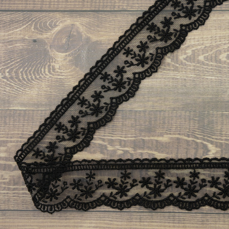 Кружево-вышивка на тюле, 40 мм, цвет черный, 100% полиэстер, 4,5 м. Арт T-3004.13
