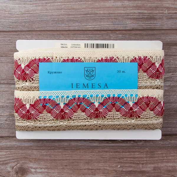 Мерсеризованное хлопковое кружево, 55 мм, цвет молочно-белый/бежевый/бордо. Арт 1854/D4