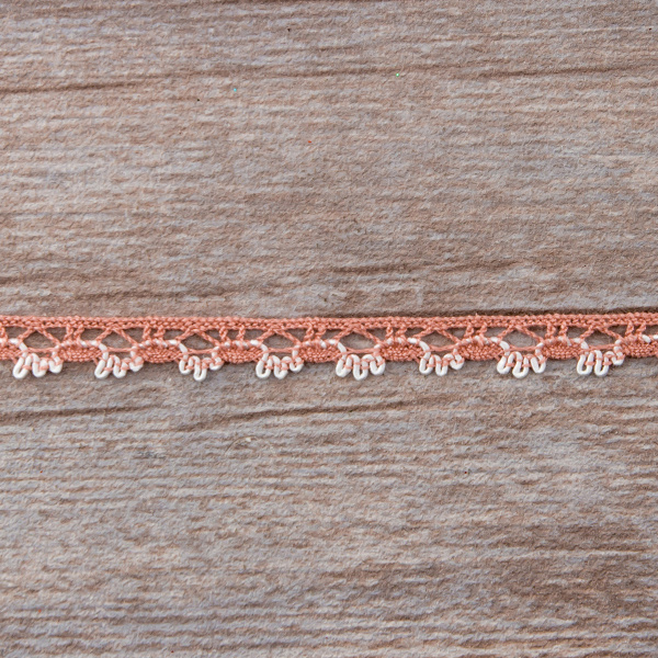 Мерсеризованное хлопковое кружево, 10 мм, цвет пыльно-розовый с белым. Арт 3480/H3                 