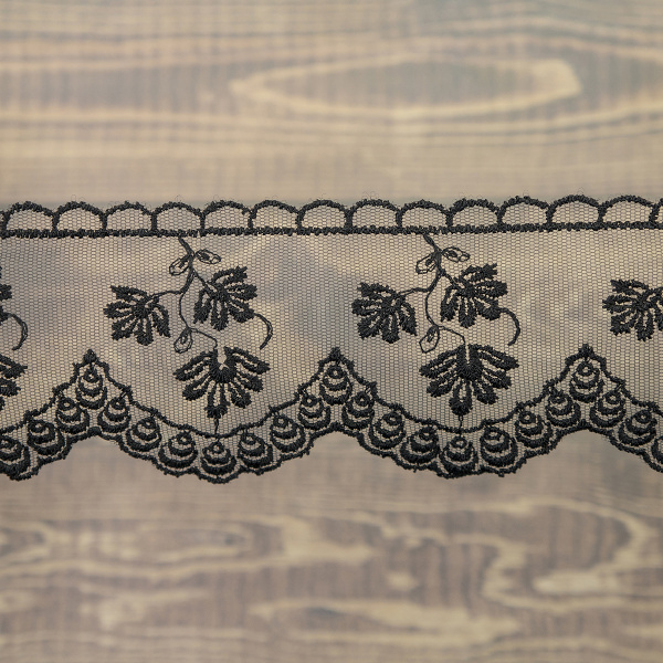 Кружево-вышивка на тюле, 70 мм, цвет черный, 100% полиэстер, 3,5 м. Арт WT-1915.13