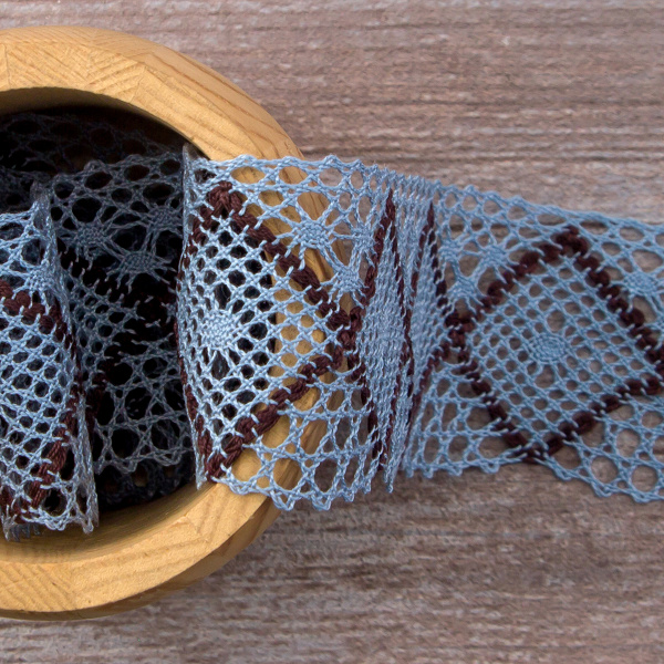Мерсеризованное хлопковое кружево, 50 мм, цвет голубой с черным. Арт 1403/R2                 