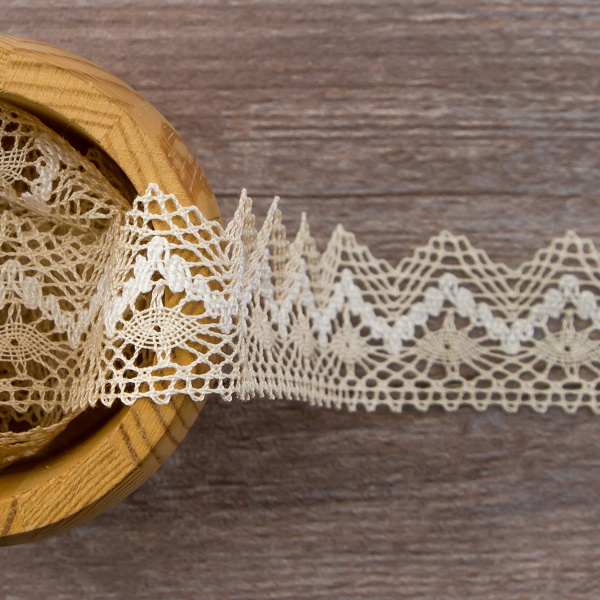 Мерсеризованное хлопковое кружево, 35 мм, цвет экрю с белым. Арт 3201/J1                 
