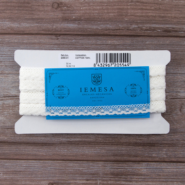 Мерсеризованное хлопковое кружево, 13 мм, цвет белый. Арт 2059/01