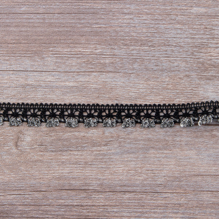 Мерсеризованное хлопковое кружево, 15 мм, цвет черный с серым. Арт 3247/R8                 