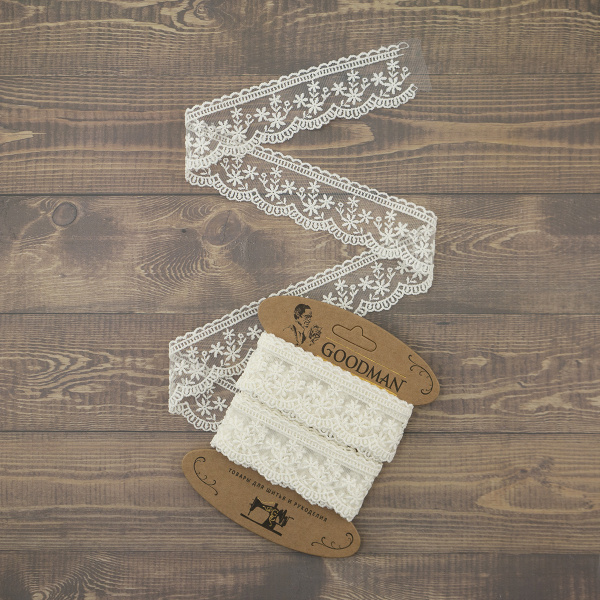 Кружево-вышивка на тюле, 40 мм, цвет молочный, 100% полиэстер, 4,5 м. Арт T-3004.112