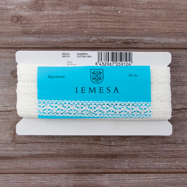 Мерсеризованное хлопковое кружево, 20 мм, цвет белый. Арт 3037/01                 