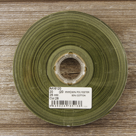 Косая бейка хлопок/полиэстер 20 мм, 25 м, цвет 28, защитный. Арт 6120-20мм-28            