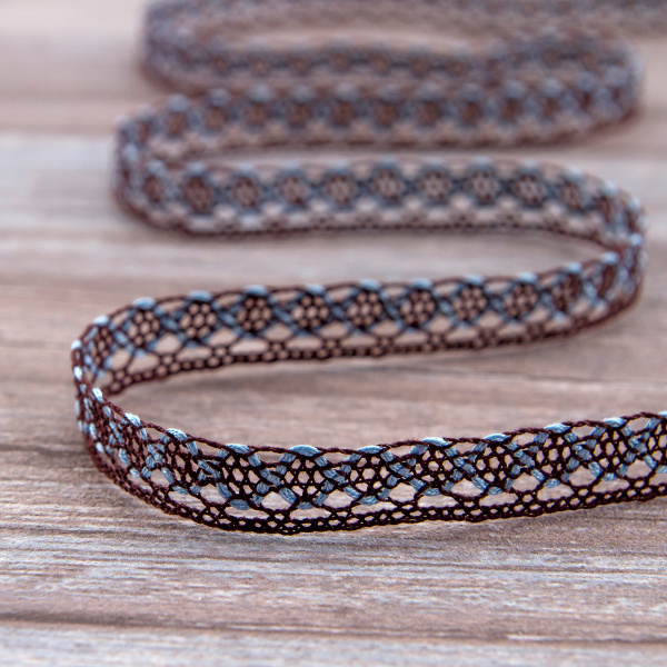 Мерсеризованное хлопковое кружево, 13 мм, цвет коричневый со светло-голубым. Арт 3155/R1                 