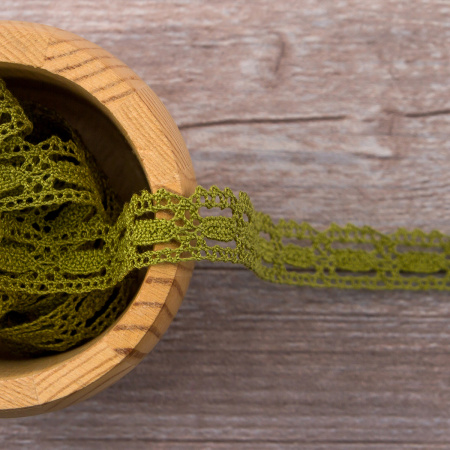 Мерсеризованное хлопковое кружево, 15 мм, цвет оливковый. Арт 1798/61                 