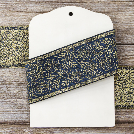 Лента жаккард с люрексом SAFISA, 50 мм, 15 м, цвет 70, джинс. Арт 9213-50мм-70