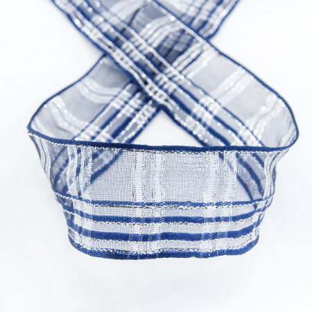 Лента органза с рисунком с проволокой по краю, 40 мм, 15 м, цвет 03, синий. Арт 25185-40-03              