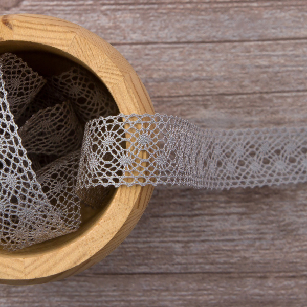 Мерсеризованное хлопковое кружево, 20 мм, цвет серый. Арт 2020/W3