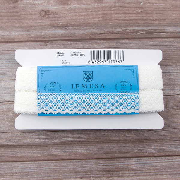 Мерсеризованное хлопковое кружево, 30 мм, цвет белый. Арт 2021/01