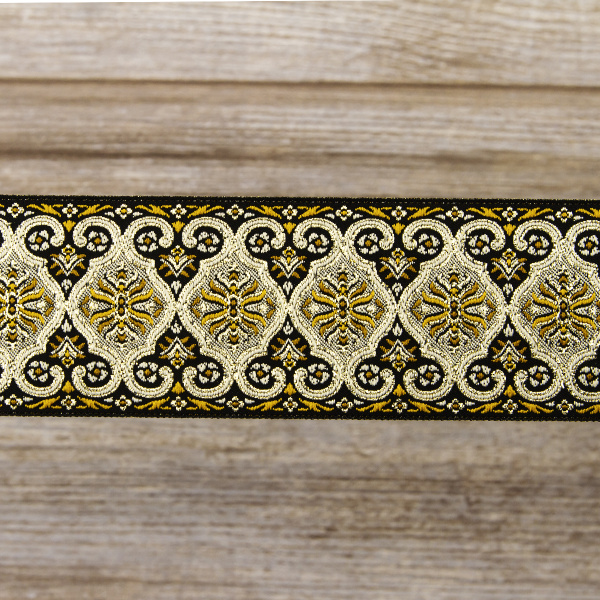 Лента жаккард с люрексом SAFISA, 50 мм, 15 м, цвет 101, черный/золотой. Арт 9214-50мм-101