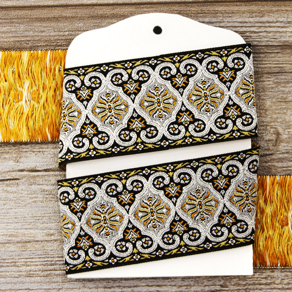 Лента жаккард с люрексом SAFISA, 50 мм, 15 м, цвет 102, черный/серебряный. Арт 9214-50мм-102