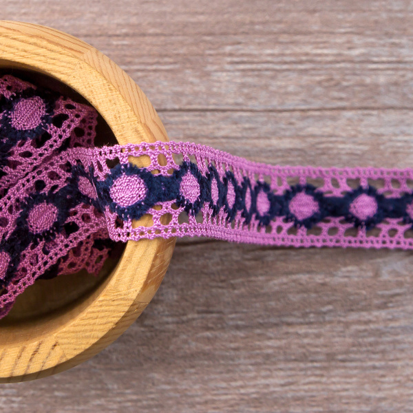Мерсеризованное хлопковое кружево, 20 мм, цвет сиреневый/фиолетовый. Арт 3682/CK