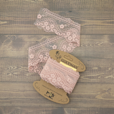 Кружево-вышивка на тюле, 65 мм, цвет бледно-розовый, 100% полиэстер, 3,5 м. Арт WT-30675.226