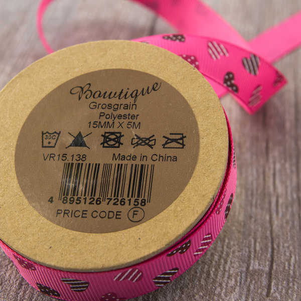 Лента репсовая на картонной мини-катушке "Сердечки". Арт VR15.138