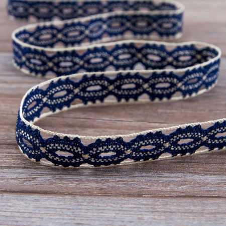 Мерсеризованное хлопковое кружево, 20 мм, цвет синий с молочно-белым. Арт 1826/J6                 