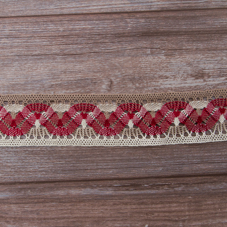 Мерсеризованное хлопковое кружево, 55 мм, цвет экрю/бежевый/бордо. Арт 1855/D4