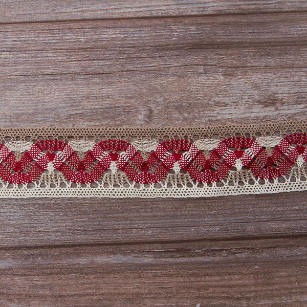 Мерсеризованное хлопковое кружево, 55 мм, цвет экрю/бежевый/бордо. Арт 1855/D4