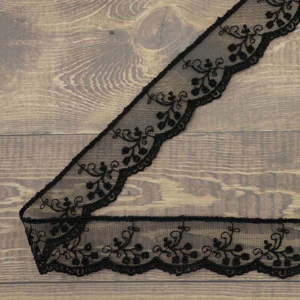 Кружево-вышивка на тюле, 32 мм, цвет черный, 100% полиэстер, 3,5 м. Арт T-30115.13