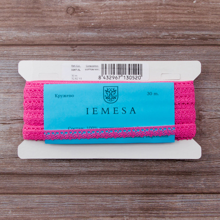 Мерсеризованное хлопковое кружево, 12 мм, цвет ярко-розовый. Арт 3267/3L                 