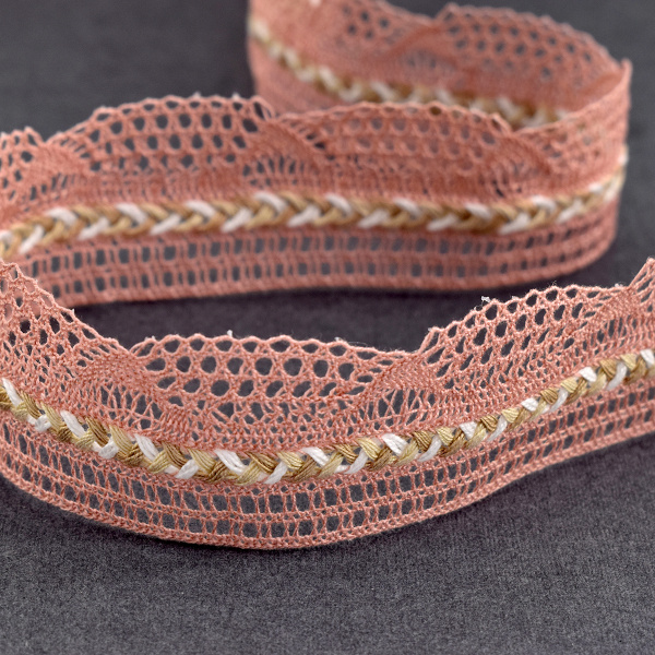 Мерсеризованное хлопковое кружево, 35 мм, цвет холодно-розовый. Арт 2196/F3