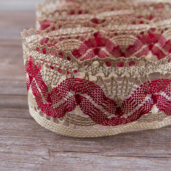 Мерсеризованное хлопковое кружево, 55 мм, цвет молочно-белый/бежевый/бордо. Арт 1854/D4