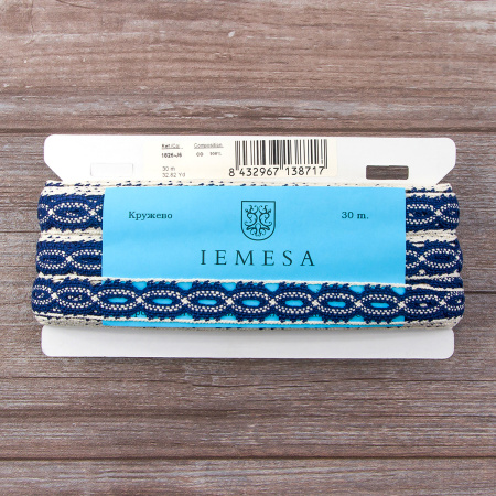 Мерсеризованное хлопковое кружево, 20 мм, цвет синий с молочно-белым. Арт 1826/J6                 