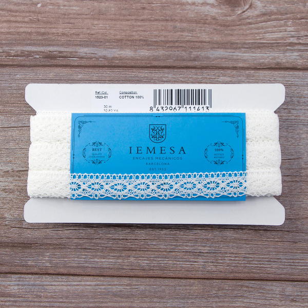 Мерсеризованное хлопковое кружево, 20 мм, цвет белый. Арт 1523/01                 