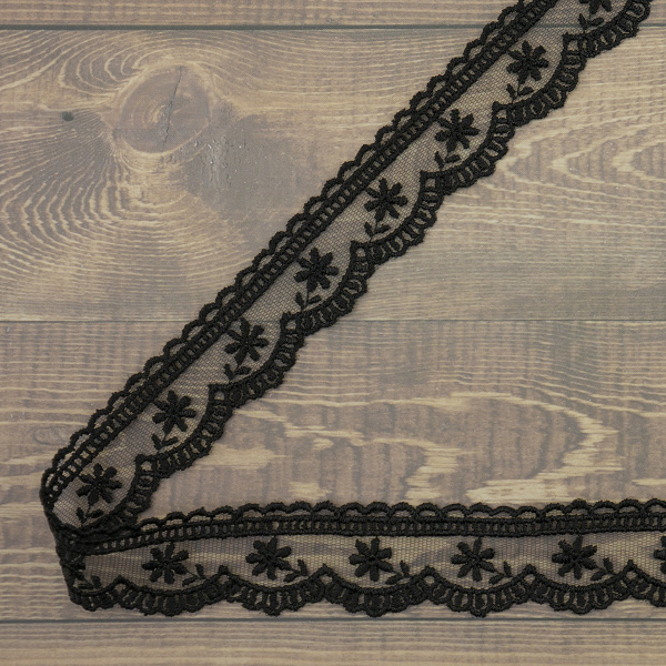 Кружево-вышивка на тюле, 30 мм, цвет черный, 100% полиэстер, 4,5 м. Арт T-3003.13