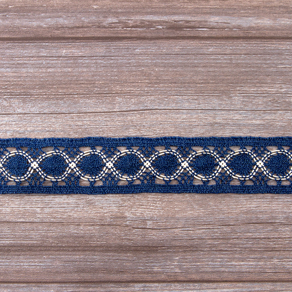 Мерсеризованное хлопковое кружево, 40 мм, цвет джинсовый синий с белым. Арт 2052/RH