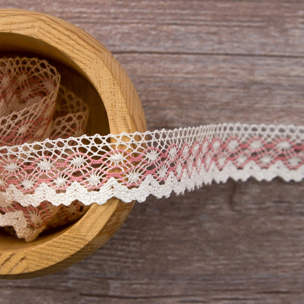 Мерсеризованное хлопковое кружево, 20 мм, цвет белый с серо-розовым. Арт 2019/Z5