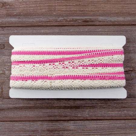 Мерсеризованное хлопковое кружево, 22 мм, цвет сливочный с розовым. Арт 1745/F0