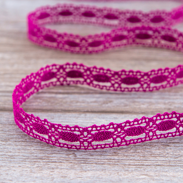 Мерсеризованное хлопковое кружево, 15 мм, цвет цикламеновый. Арт 1798/25                 