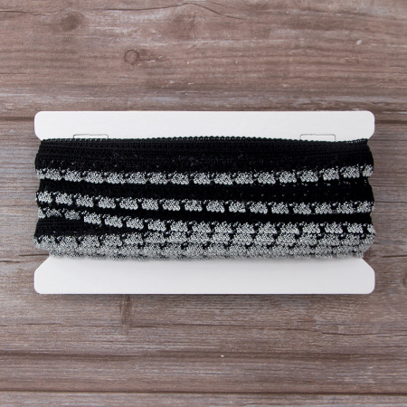 Мерсеризованное хлопковое кружево, 15 мм, цвет черный с серебристым люрексом. Арт 3247/J4                 