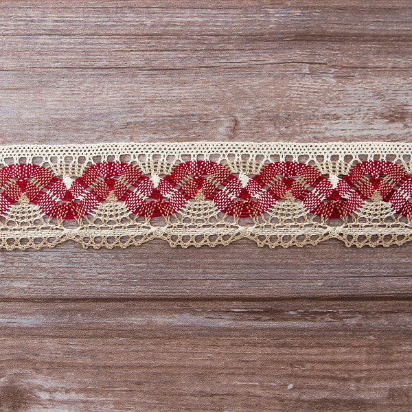 Мерсеризованное хлопковое кружево, 55 мм, цвет молочно-белый/бежевый/бордо. Арт 1854/D4