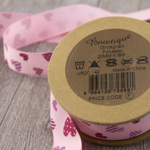 Лента репсовая на картонной мини-катушке "Сердечки". Арт VR20.142