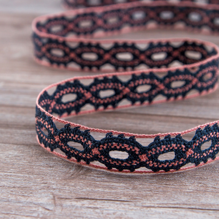 Мерсеризованное хлопковое кружево, 20 мм, цвет морской волны с пыльно-розовым. Арт 1826/R6                 