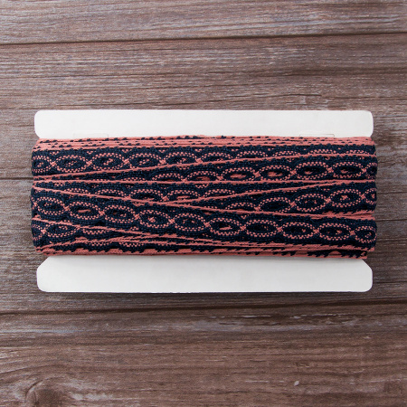 Мерсеризованное хлопковое кружево, 20 мм, цвет морской волны с пыльно-розовым. Арт 1826/R6                 