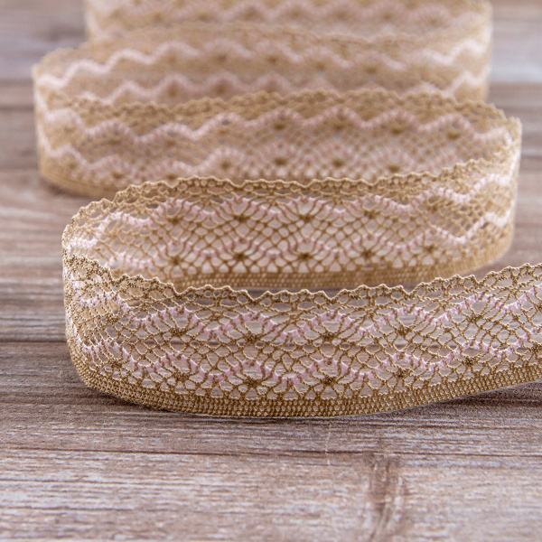 Мерсеризованное хлопковое кружево, 35 мм, цвет бежевый со светло- розовым. Арт 1880/YY