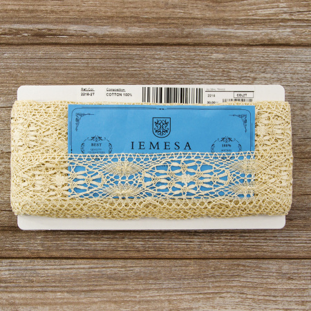 Мерсеризованное хлопковое кружево, 50 мм, цвет тёмно-бежевый. Арт 2218/2T