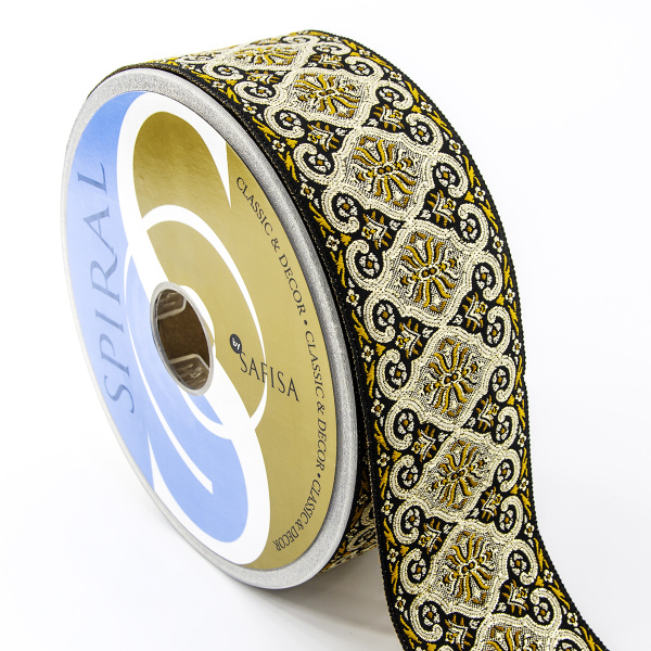 Лента жаккард с люрексом SAFISA, 50 мм, 15 м, цвет 101, черный/золотой. Арт 9214-50мм-101