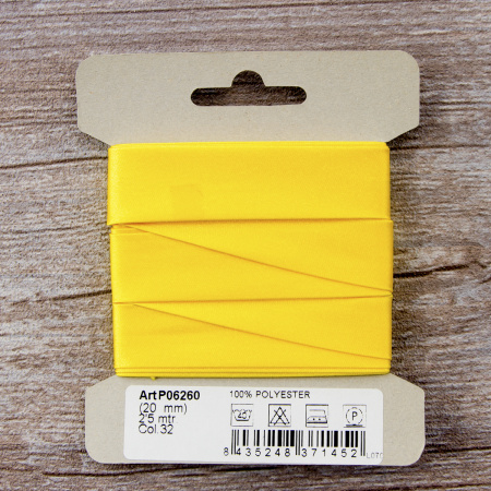 Косая бейка атласная  на блистере SAFISA, 20 мм, 2,5 м, цвет 32, желтый. Арт P06260-20мм-32          