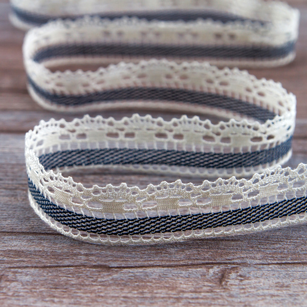 Мерсеризованное хлопковое кружево, 22 мм, цвет сливочный с синим. Арт 1745/F9
