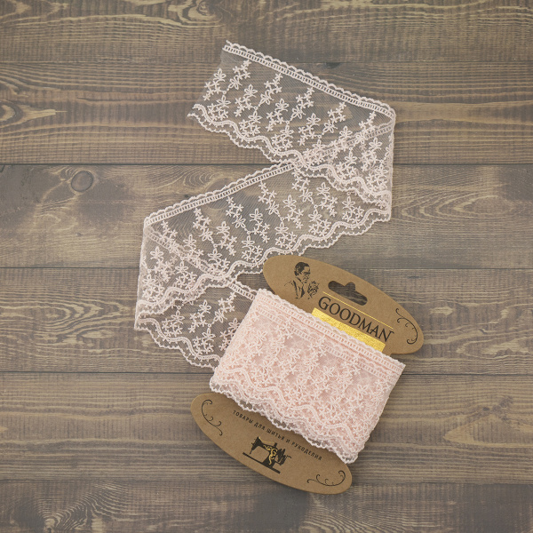 Кружево-вышивка на тюле, 70 мм, цвет розовый, 100% полиэстер, 4,5 м. Арт T-3013.308