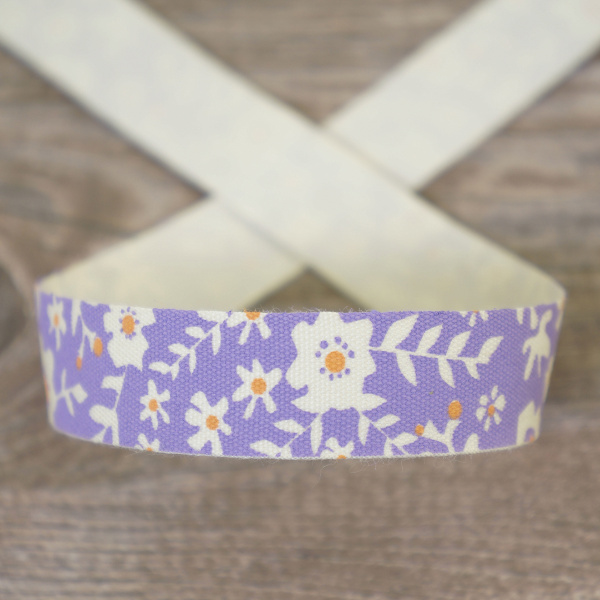 Лента хлопковая на картонной катушке "Цветы: лиловый с оранжевым". Арт VR15.521